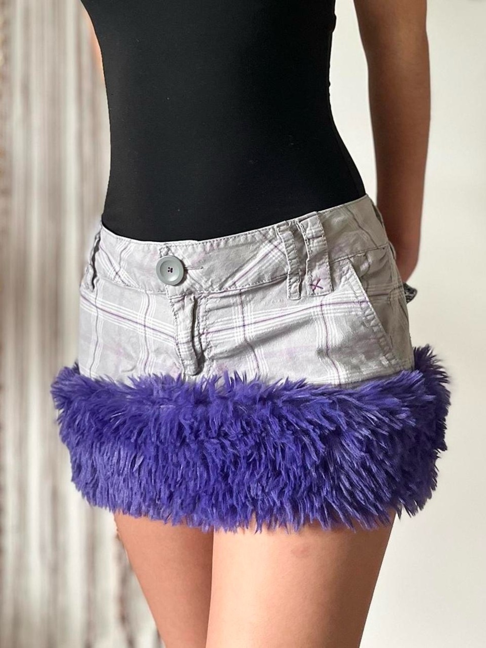 plaid fur trim mini skirt